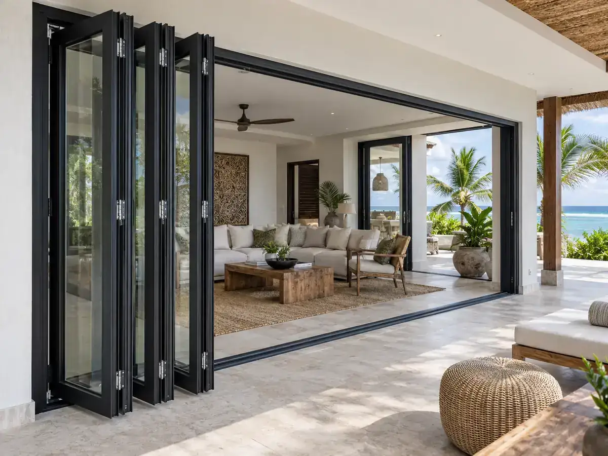 Aluminium bi-fold doors opening to a Zanzibar garden