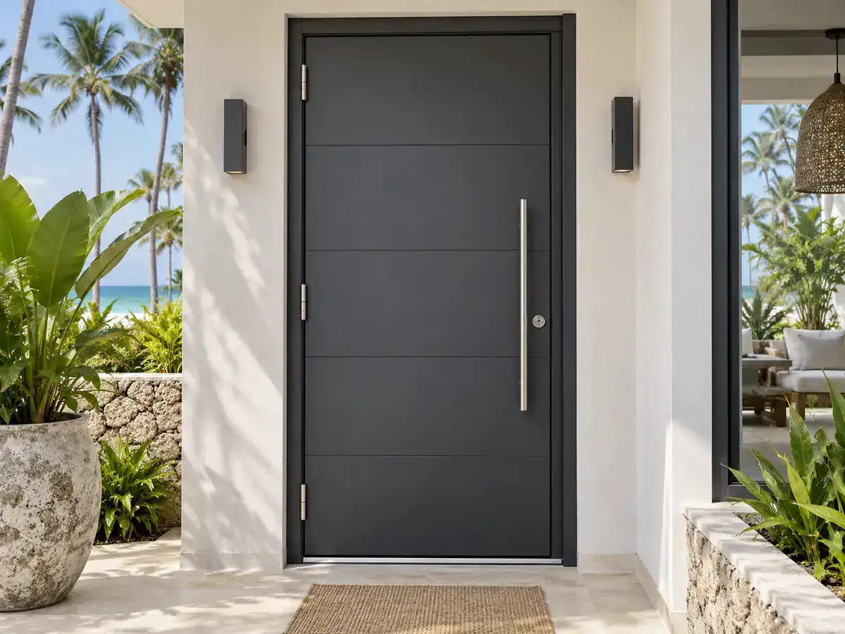 Modern aluminium entrance door in a Zanzibar villa