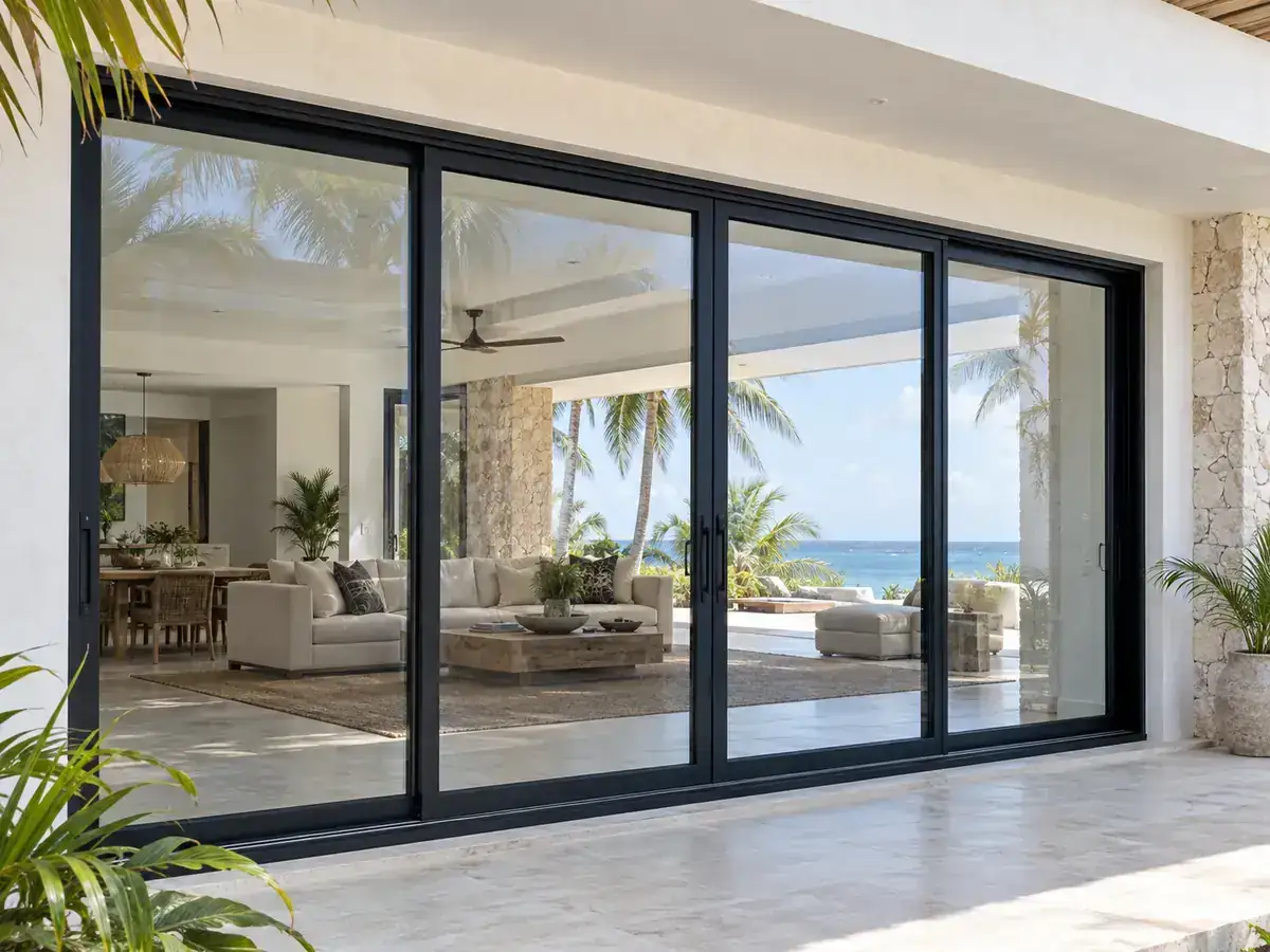 Black aluminium sliding patio doors in a Zanzibar villa