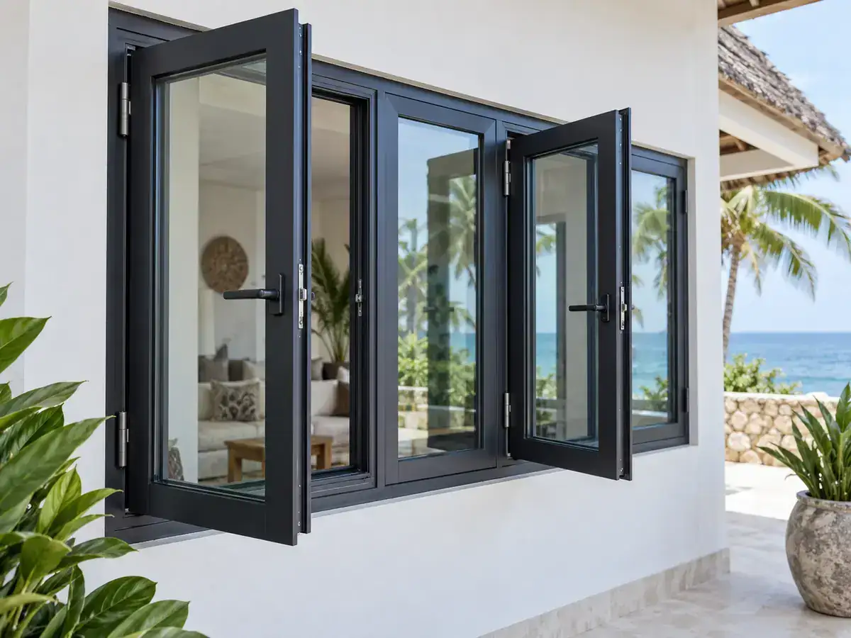 Aluminium casement windows in a coastal Zanzibar property