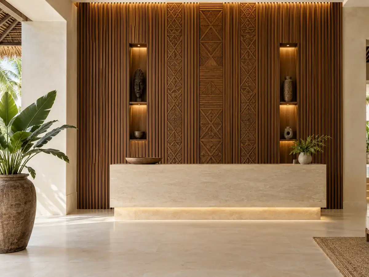 Wooden reception feature wall