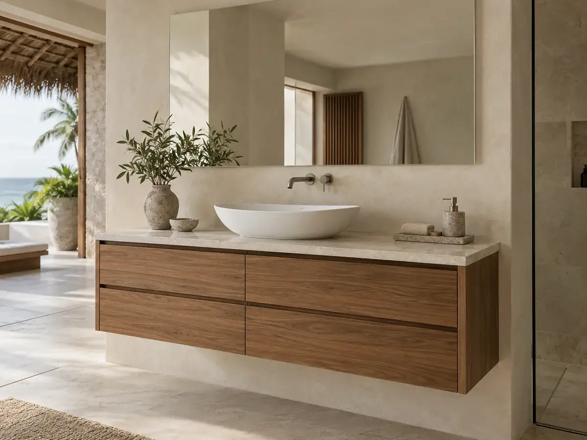Floating wooden bathroom vanity