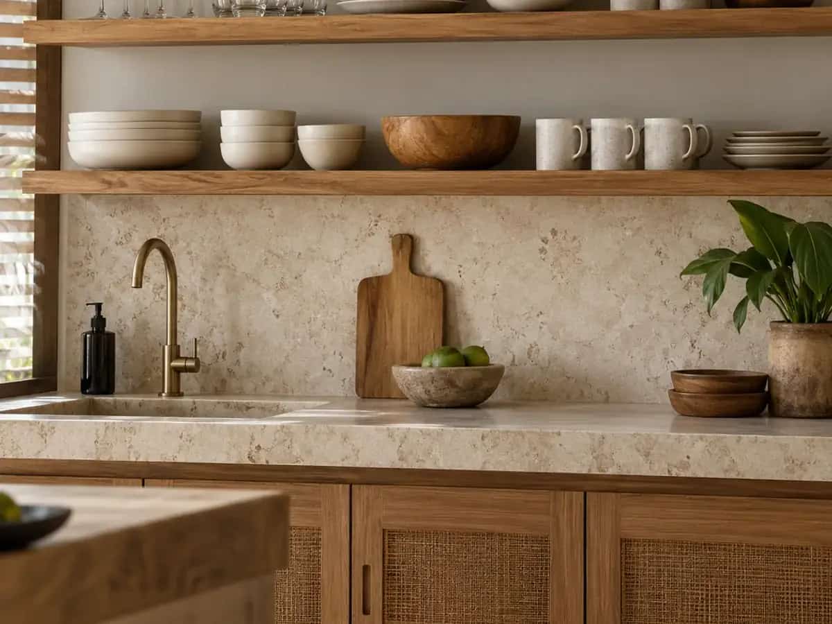 Open wooden kitchen shelving