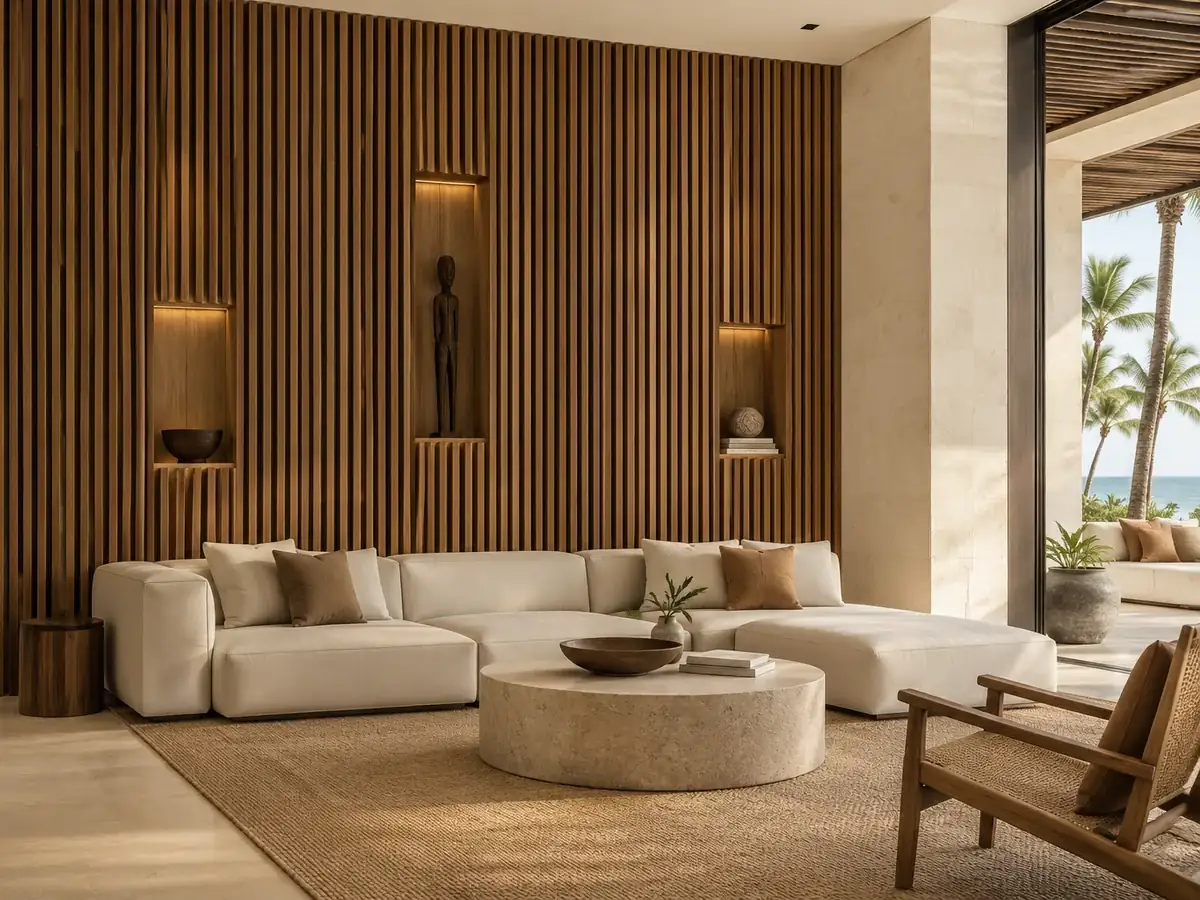 Wooden slatted feature wall