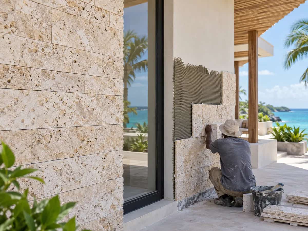 Natural coral stone wall cladding installation