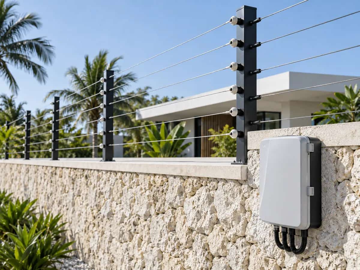 Electric fence wires, insulators and energiser