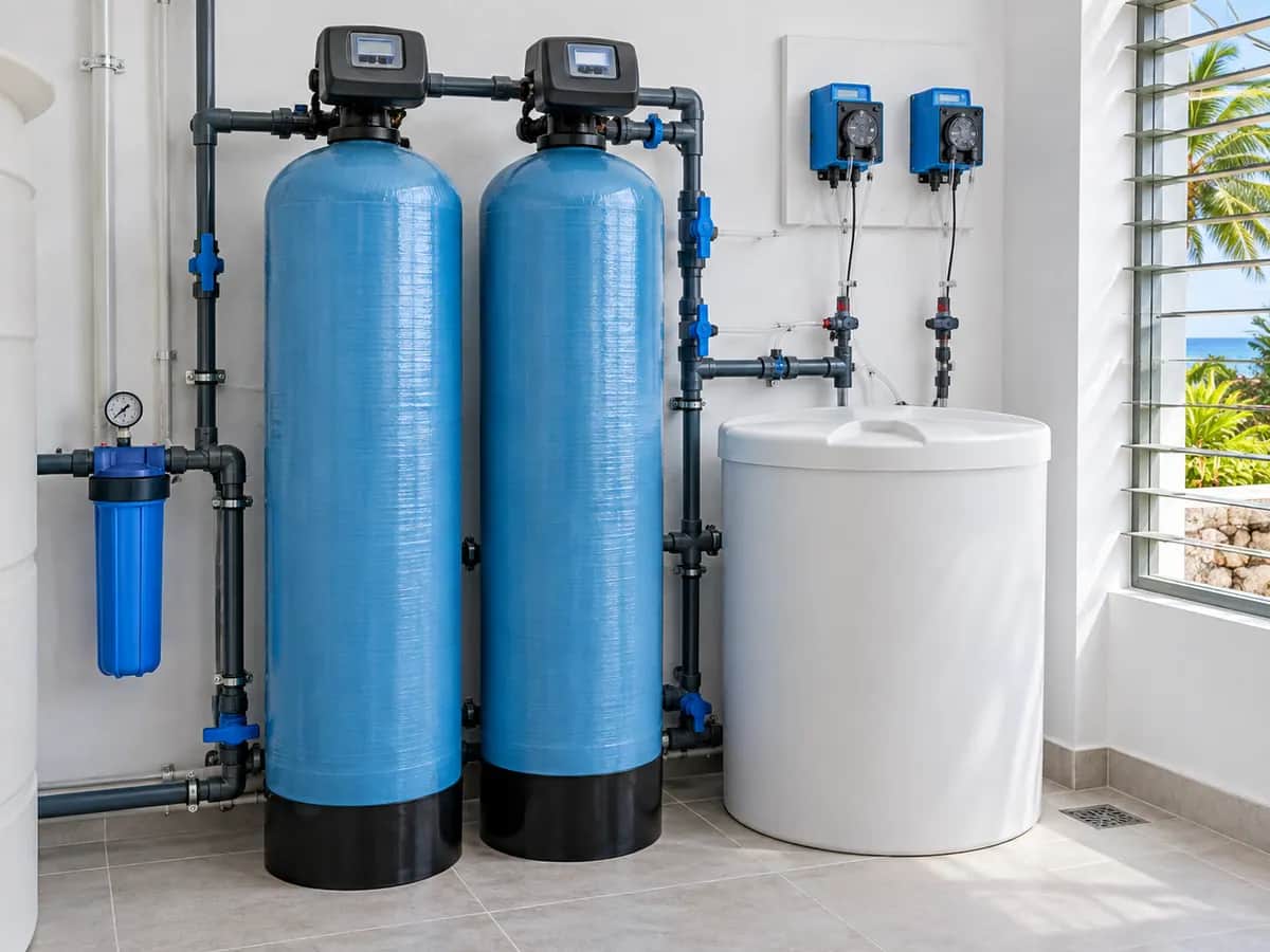 Water softening and chemical dosing station