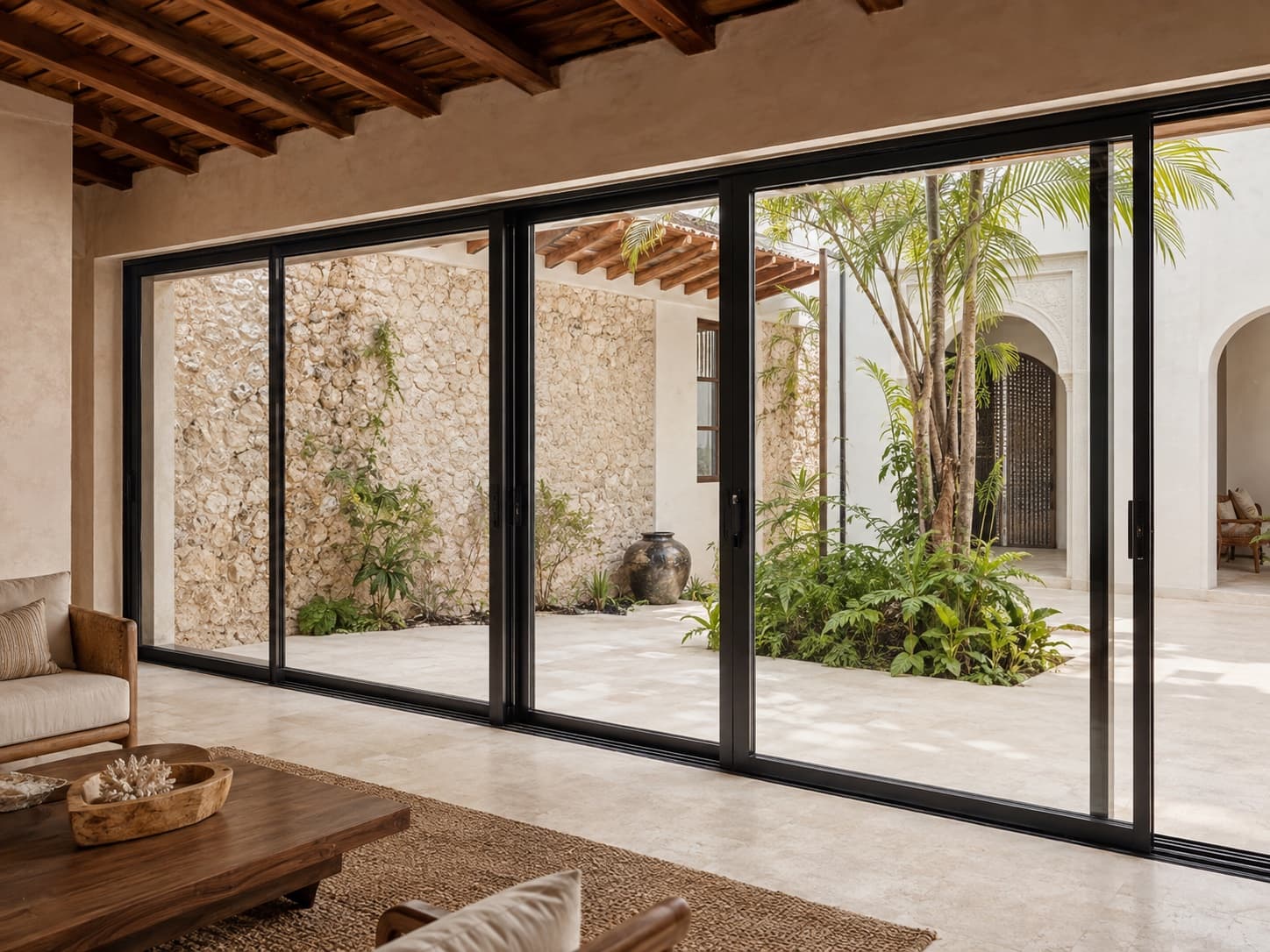 Black aluminium sliding door system opening onto a coastal Stone Town courtyard