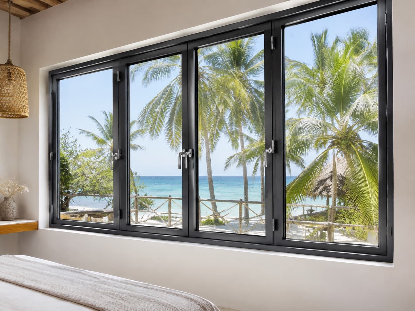 Charcoal aluminium casement window system in a coastal Kiwengwa villa