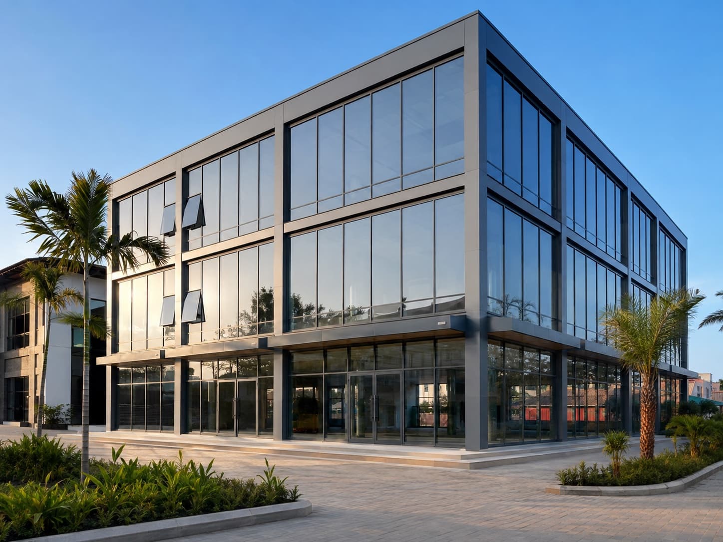 Modern commercial aluminium curtain-wall façade in Urban West, Zanzibar