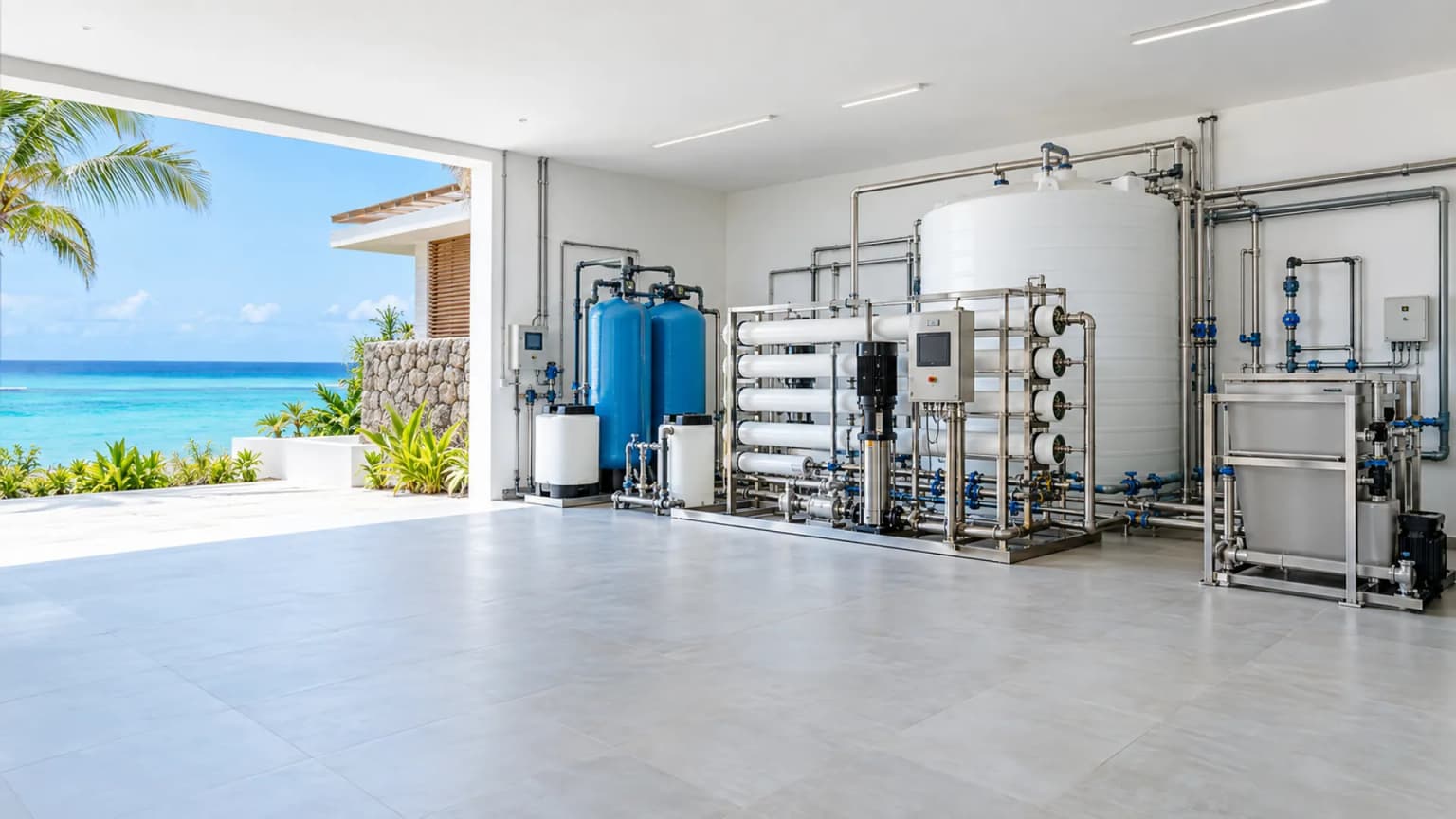 Integrated salt water purification and wastewater systems for a Zanzibar resort