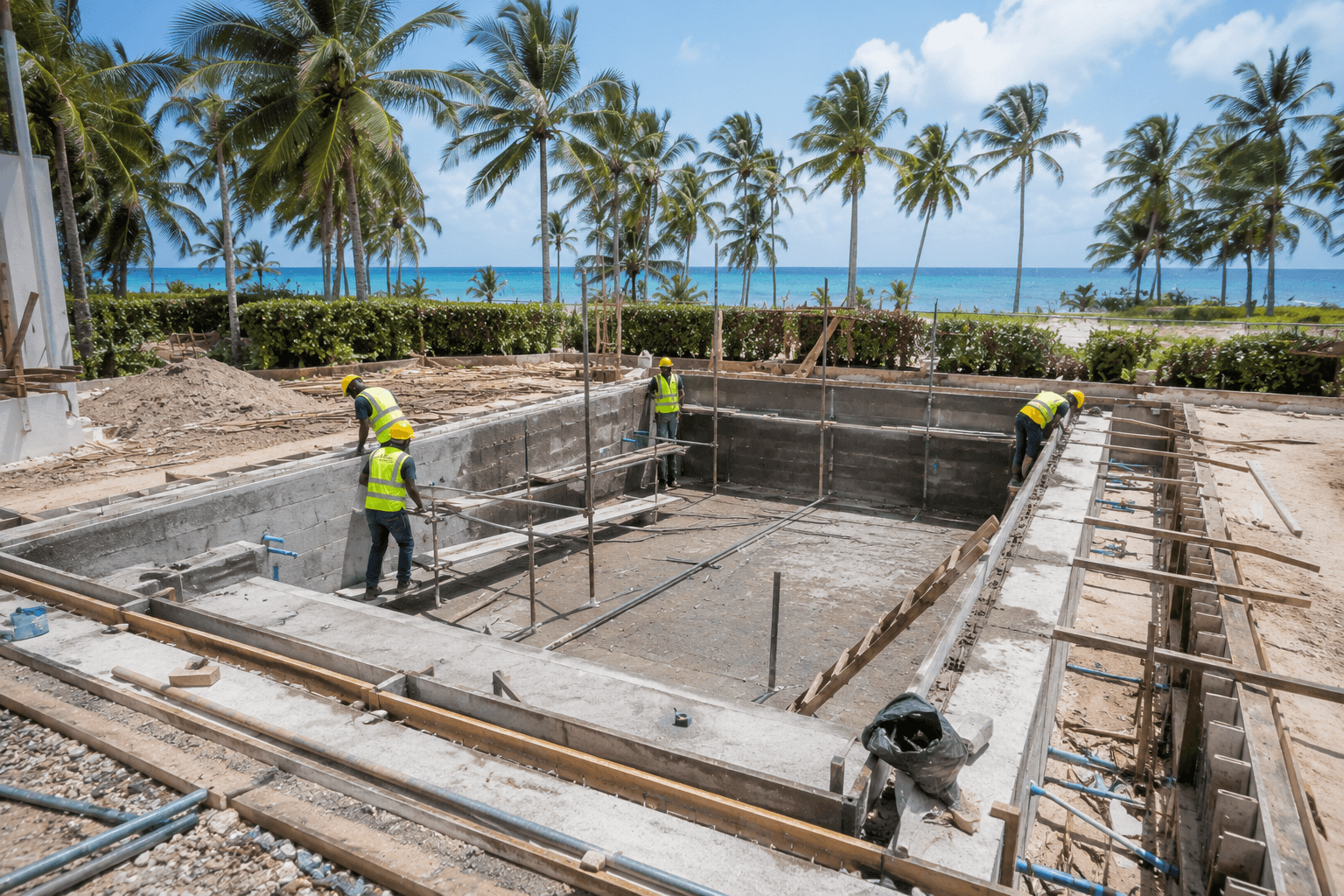 Pool deck construction in Zanzibar