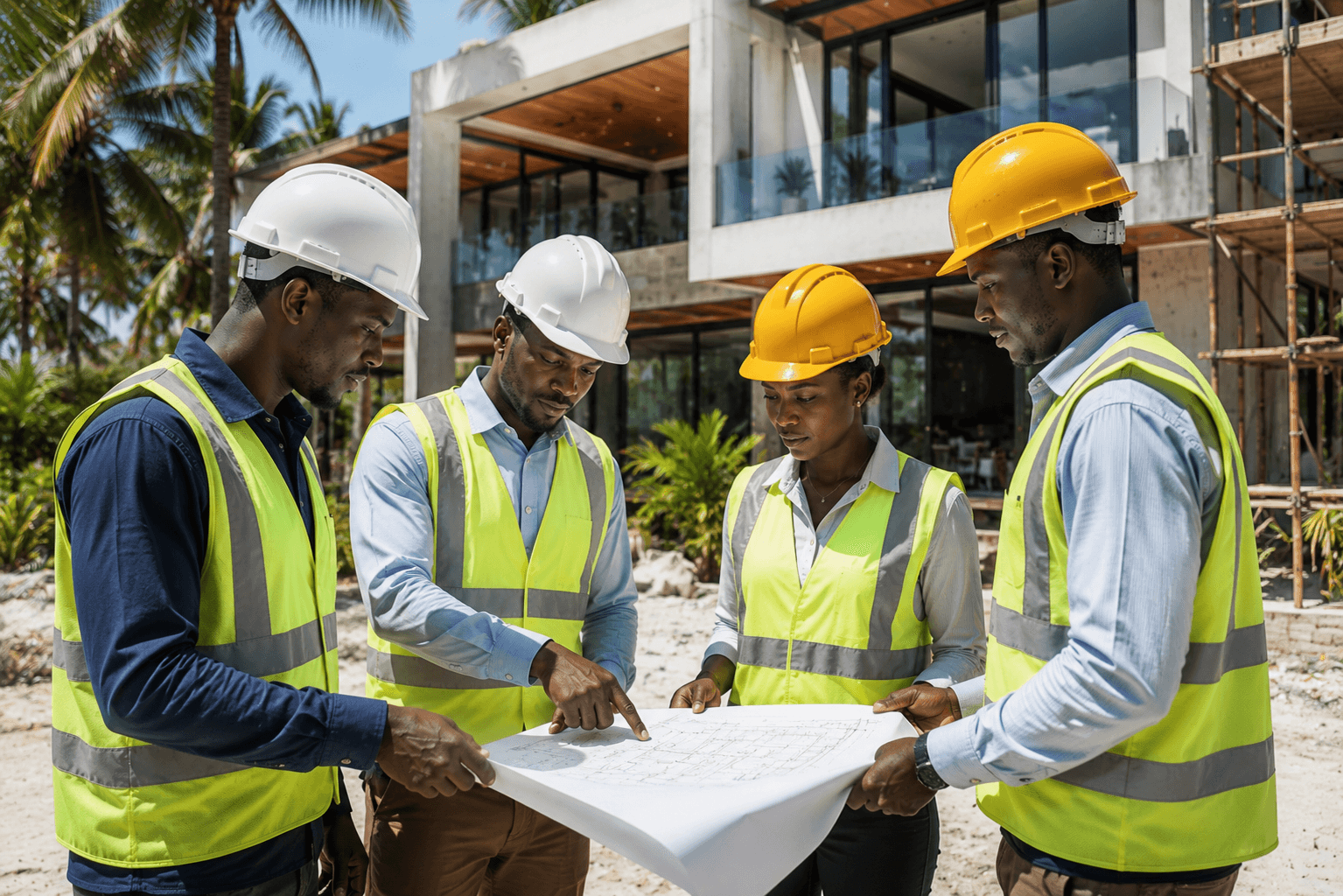 Zanzibaba construction team reviewing project plans on site
